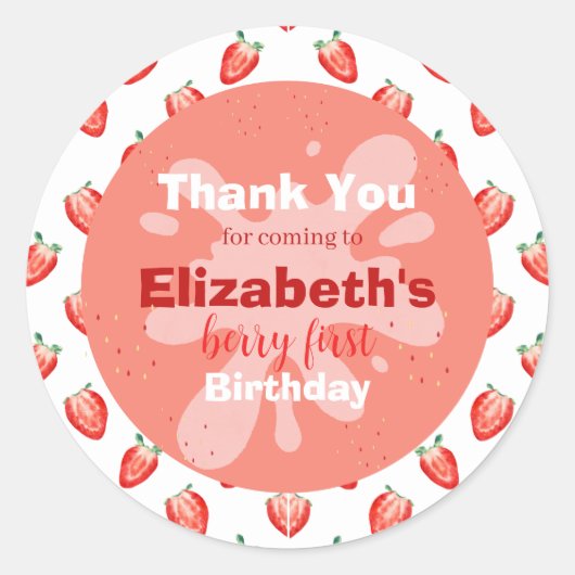 Strawberry Berry First Birthday Invitation Ronde Sticker (Voorkant)