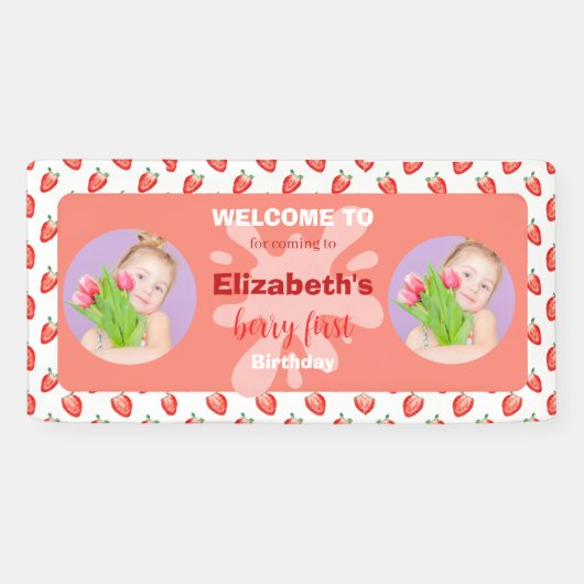 Strawberry Berry First Birthday Invitation Spandoek (Horizontaal)