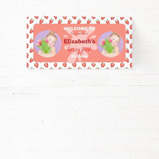 Strawberry Berry First Birthday Invitation Spandoek (Insitu)