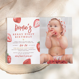Strawberry Berry First Birthday Party Girl Foto Kaart