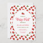 Strawberry Berry First Birthday Party Invitation Kaart (Voorkant)