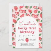 Strawberry Berry First Birthday Party Invitation Kaart (Voorkant)