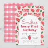 Strawberry Berry First Birthday Party Invitation Kaart (Voorkant / Achterkant)