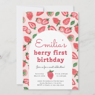 Strawberry Berry First Birthday Party Invitation Kaart