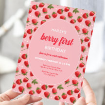Strawberry Berry First Birthday Party Invitation