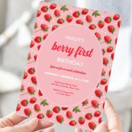 Strawberry Berry First Birthday Party Invitation Kaart