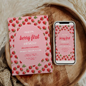 Strawberry Berry First Birthday Party Invitation Kaart