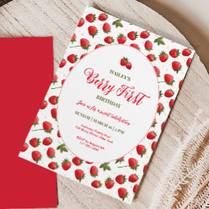 Strawberry Berry First Birthday Party Invitation Kaart