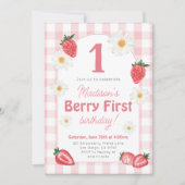 Strawberry Berry First Birthday Party Invitation Kaart (Voorkant)