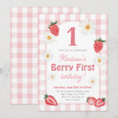 Strawberry Berry First Birthday Party Invitation Kaart (Voorkant / Achterkant)