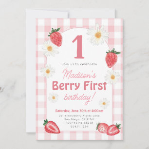 Strawberry Berry First Birthday Party Invitation Kaart