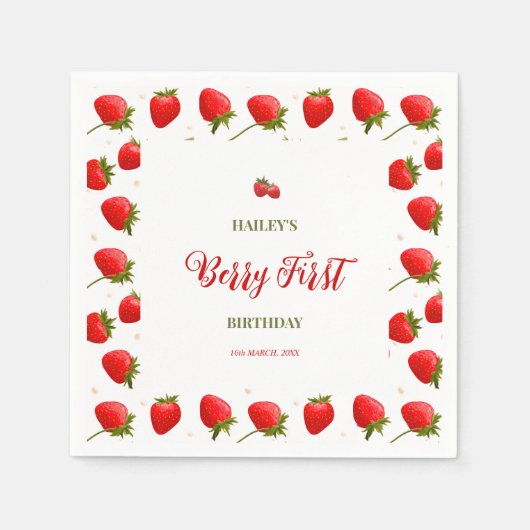 Strawberry Berry First Birthday Party Invitation Servet (Voorkant)