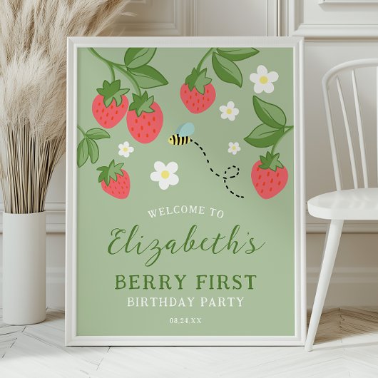 Strawberry Berry First Birthday Party Welcome Poster
