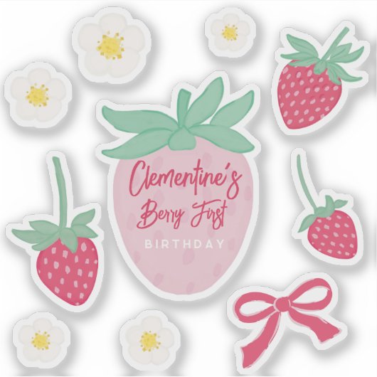 Strawberry Berry First Birthday Stickers (Voorkant)