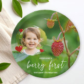 Strawberry Berry First Birthday With Child’s Photo Papieren Bordje