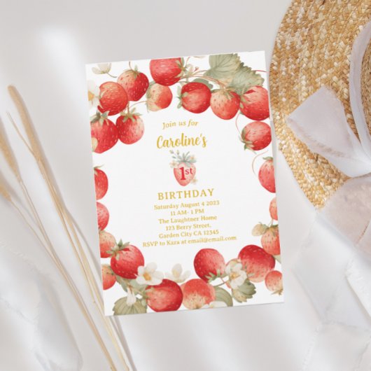 Strawberry Berry First Girls Birthday Kaart