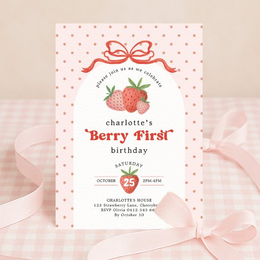 Strawberry Berry First Red Bow 1st Birthday Kaart