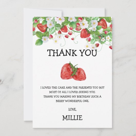 Strawberry Berry Sweet 1e verjaardag Dank je wel Bedankkaart (Voorkant)