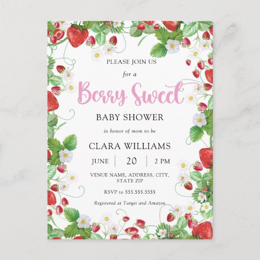 Strawberry Berry Sweet Baby shower Budget Briefkaa Uitnodiging Briefkaart (Voorkant)