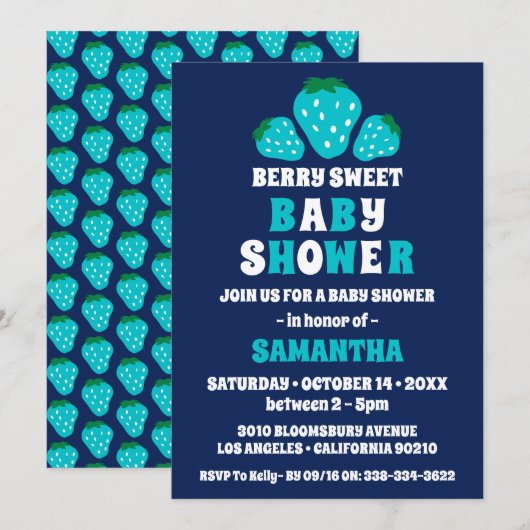 Strawberry Berry Sweet Blue Boy Baby shower Kaart (Voorkant / Achterkant)