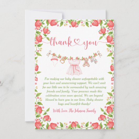 Strawberry Berry Sweet Clothesline Baby shower Bedankkaart (Voorkant)
