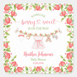 Strawberry Berry Sweet Clothesline Baby Shower Vierkante Sticker