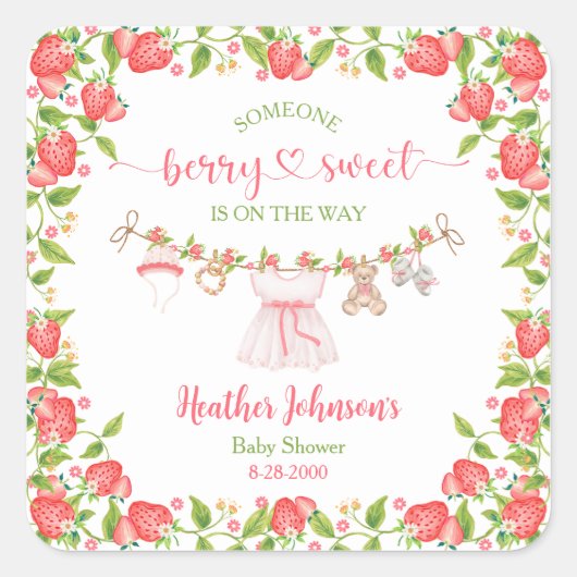 Strawberry Berry Sweet Clothesline Baby Shower  Vierkante Sticker (Voorkant)
