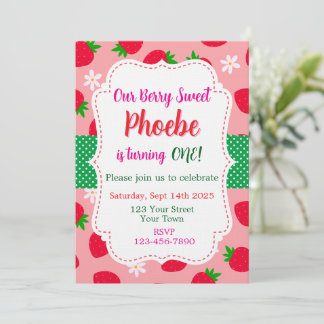 Strawberry Berry Sweet First Birthday Invitation Kaart