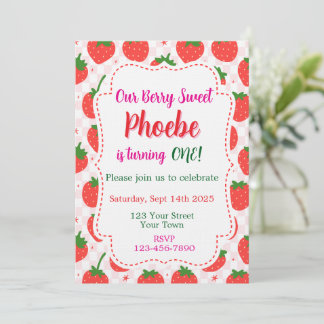 Strawberry Berry Sweet First Birthday Invitation Kaart
