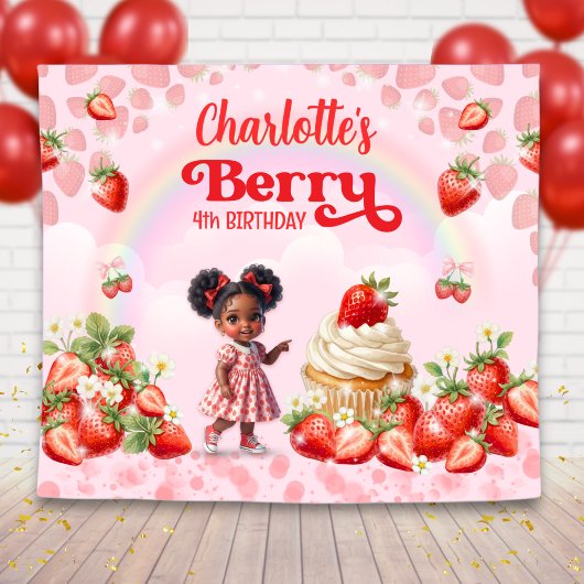 Strawberry Birthday Backdrop, Berry Birthday  Wandkleed