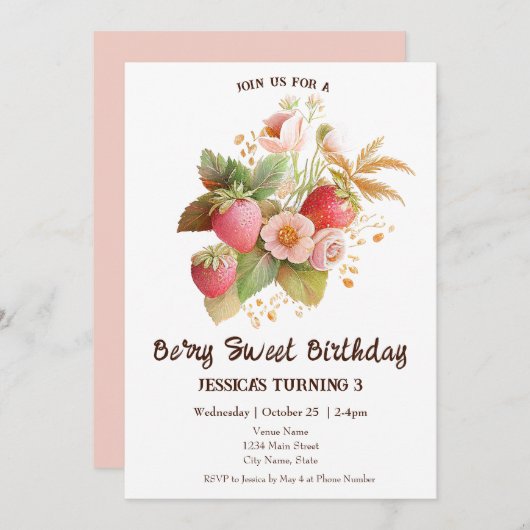 Strawberry Birthday Boho Pink Uitnodiging (Voorkant / Achterkant)