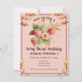 Strawberry Birthday Boho Pink Uitnodiging (Voorkant)