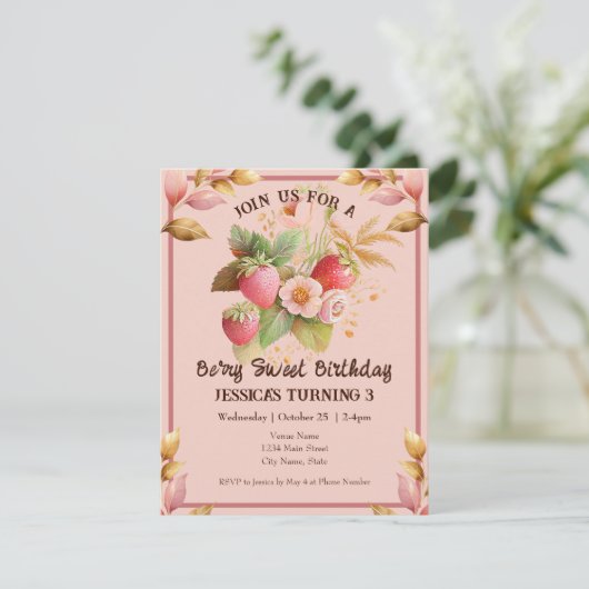 Strawberry Birthday Boho Pink Uitnodiging (Staand voorkant)