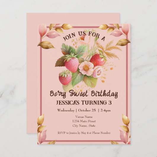 Strawberry Birthday Boho Pink Uitnodiging (Voorkant / Achterkant)