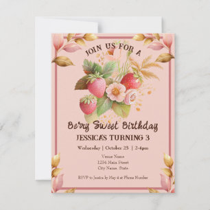 Strawberry Birthday Boho Pink Uitnodiging