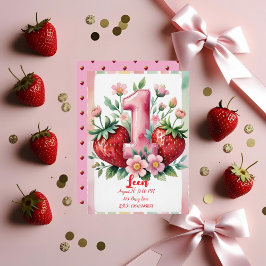Strawberry Birthday Invitation | Cute Pink Red Gir Kaart