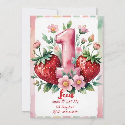 Strawberry Birthday Invitation | Cute Pink Red Gir Kaart (Voorkant)