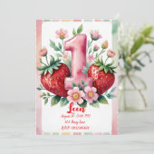 Strawberry Birthday Invitation | Cute Pink Red Gir Kaart (Staand voorkant)