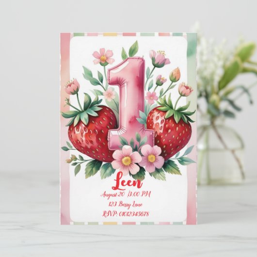 Strawberry Birthday Invitation | Cute Pink Red Gir Kaart (Staand voorkant)