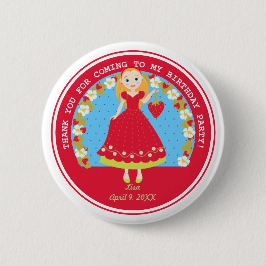 Strawberry Birthday Party Girl Ronde Button 5,7 Cm (Voorkant)