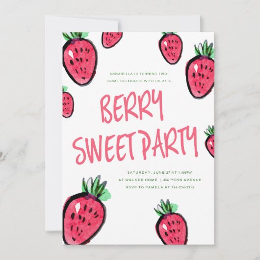 Strawberry Birthday Party Invitation Berry Sweet Kaart (Voorkant)