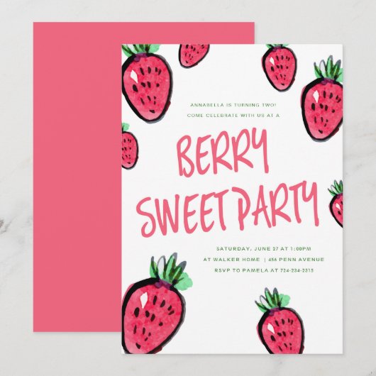 Strawberry Birthday Party Invitation Berry Sweet Kaart (Voorkant / Achterkant)