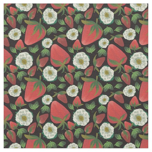 Strawberry Black Floral Pattern Stof (Close Up)