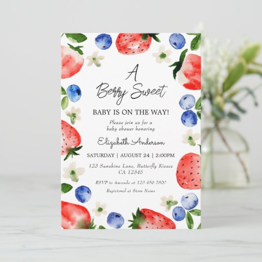 Strawberry Blueberry Berry Sweet Girl Baby shower Kaart (Staand voorkant)