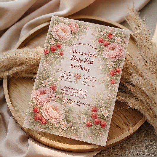 Strawberry Blush Garden Celebration 1st Birthday Kaart