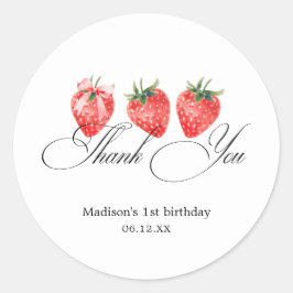 Strawberry Bow 1st Birthday Thank You Ronde Sticker