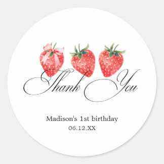Strawberry Bow 1st Birthday Thank You Ronde Sticker