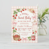 Strawberry bow baby shower First Berry Sweet Kaart (Staand voorkant)