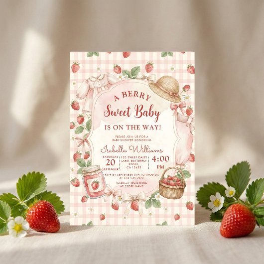 Strawberry bow baby shower First Berry Sweet Kaart