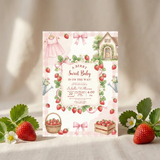 Strawberry bow baby shower First Berry Sweet Kaart